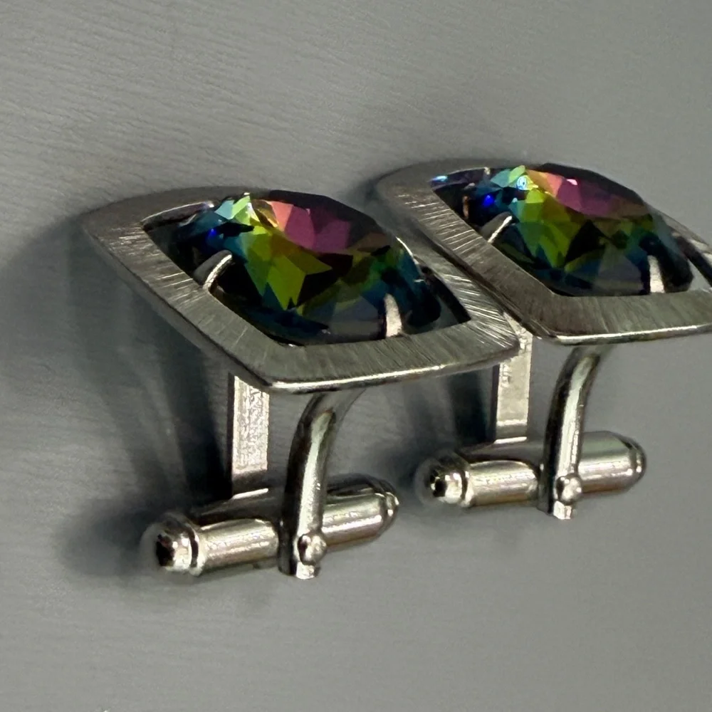 Vintage Anson Silver Set Watermelon Rhinestone Mid Century Modern Cufflinks